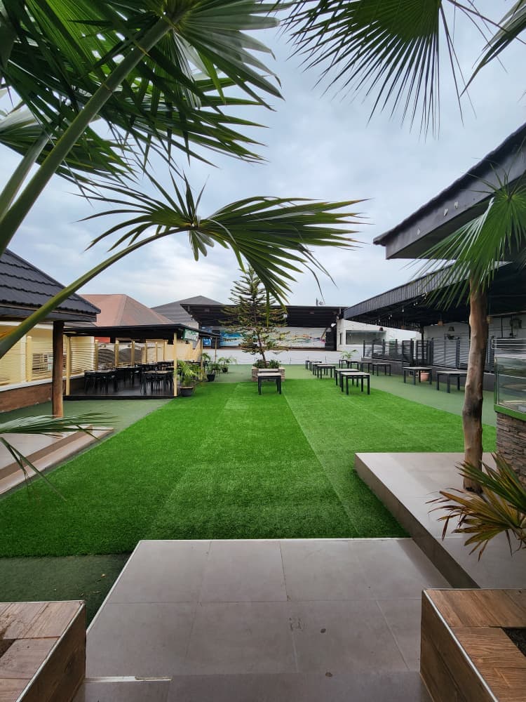 The lawn between the park terraces, palms overhead